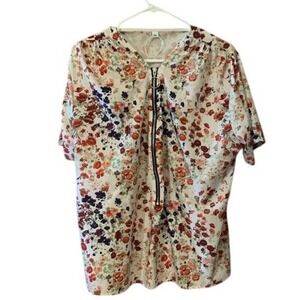 XXL Floral Print Zipper Front Short‎ Sleeve Tunic Top Blouse